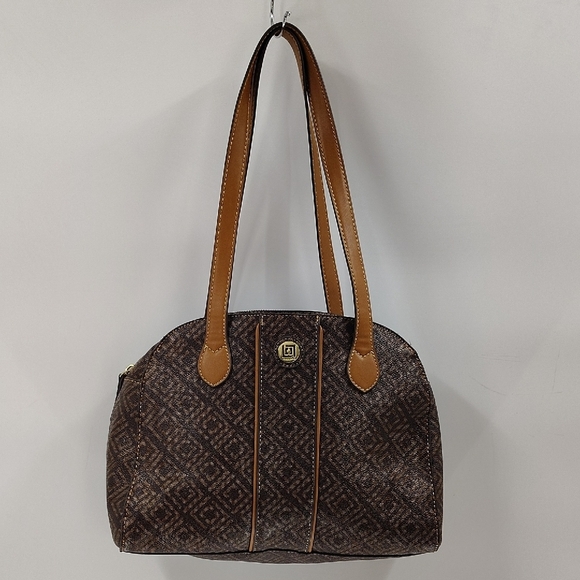 Liz Claiborne Brown Shoulder Bag 3 Sections Middle Zip Top Firm Standing - Picture 1 of 10